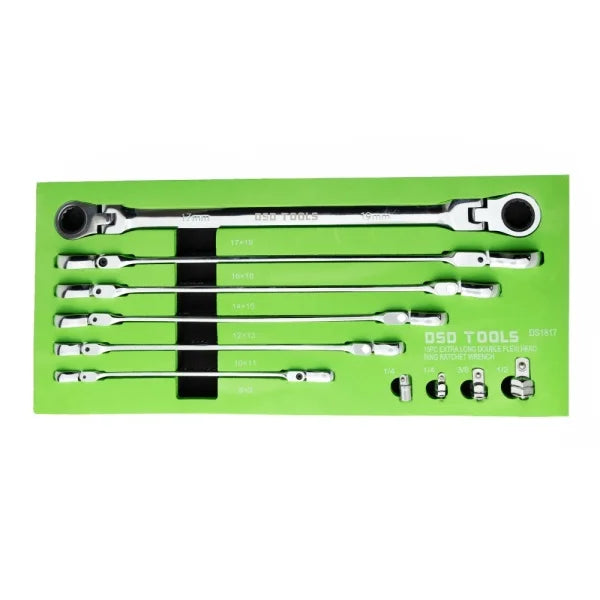 10PC EXTRA LONG DOUBLE FLEXI HEAD RING RATCHET WRENCH DS1817