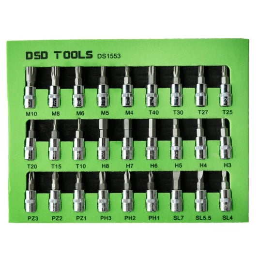 27PC 1/4″ DR 38MM MIXED BIT SOCKETS STAR, HEX, SPLINE, SL, PH, PZ DS1553