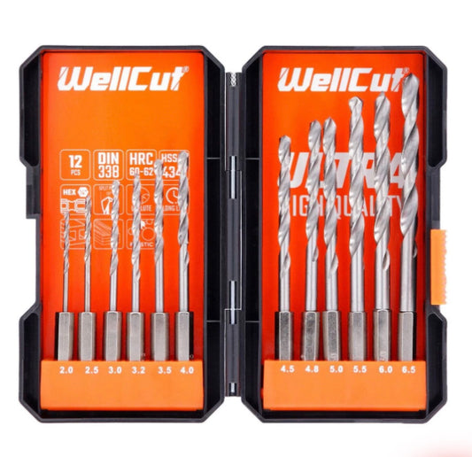 Wellcut 12 Piece HSS Steel Hex Shank Drill Bits Set
