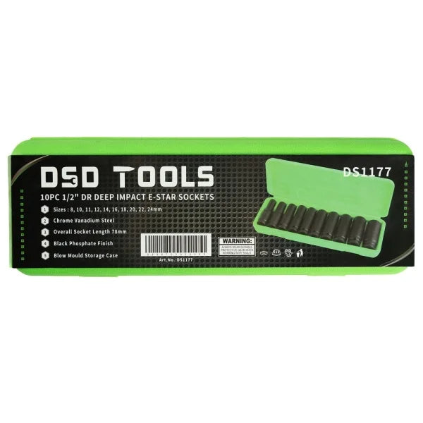 10PC 1/2″ DR DEEP IMPACT E STAR SOCKETS DS1177