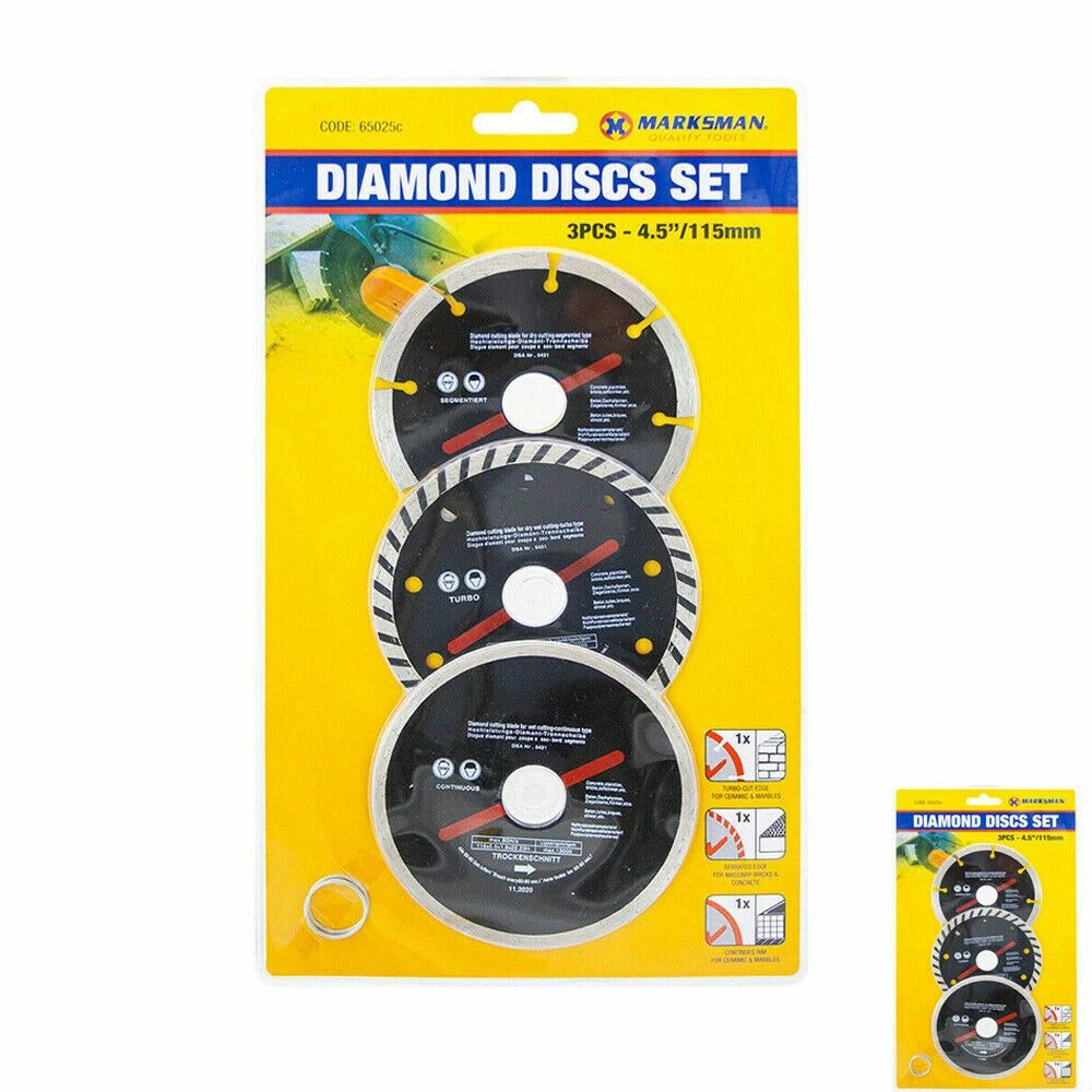 Angle Grinder DRY CUTTING DISC SET 115mm Diamond Turbo Seg 3pc